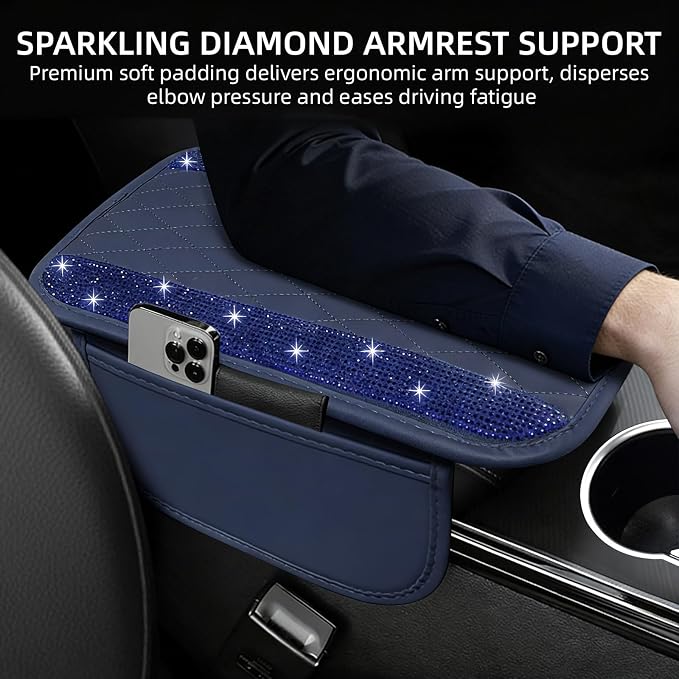Bling Blue Car Center Console Cover, Leather Car Arm Rest Cover with 2 Storage Bags, Universal Auto Armrest Protector Storage Box, Bling Accessories Interior for Most Vehicles