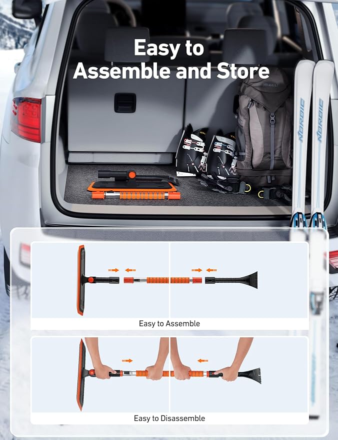47.2 Inch 2-in-1 Snow Brush for Car Snow Broom and Detachable Ice Scraper with Non-Abrasive Silicone Head for Cars, Trucks, SUVs（Orange-Black）