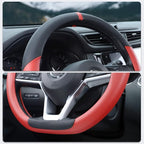 Flat Bottom Steering Wheel Cover, D Shaped Car Wheel Cover 14 1/2-15 in. (37-39 cm), Black Red Microfiber Leather