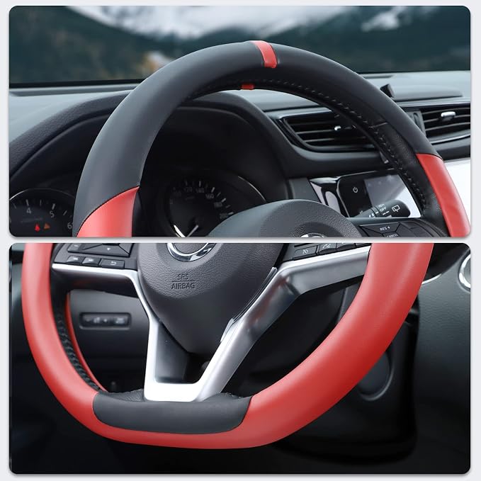 Flat Bottom Steering Wheel Cover, D Shaped Car Wheel Cover 14 1/2-15 in. (37-39 cm), Black Red Microfiber Leather