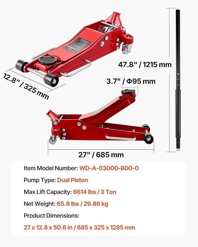 Low Profile Floor Jack 3 Ton Aluminum and Steel Racing Floor Jack with Dual Pistons Quick Lift Pump, Hydraulic Trolley Car Lift for Sports Car, SUV, Pickup, Lifting Range 3.3"-20.3"