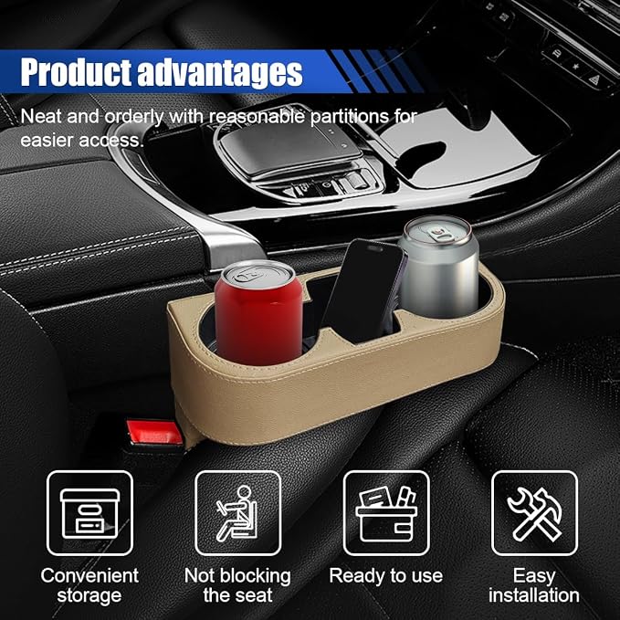 Car Cup Holder, PU Leather Cover Auto Front Seat Organizer, Beige | Multifunctional Cup Drink Holder, Gap Filler Coin Bucket Storage Box, Console Side Pocket, Cell Mobile Phone Holder