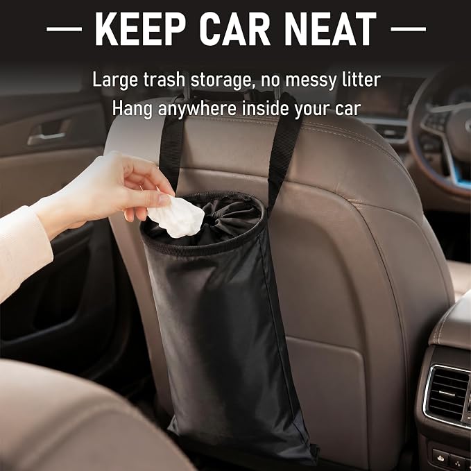 Car Trash Bag, Hanging Car Garbage Bag with Elastic Top Opening & Bottom Removable Opening, Washable Polyester Litter Bin for Car Seat Back, Travel, SUV, Truck, Black, Pack of 2