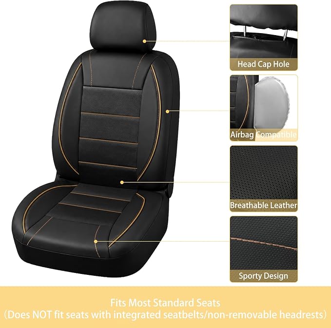 14 PCS Leather Car Seat Covers Full Set, 14.5”-15'' Sporty Steering Wheel Cover Universal, Center Console Cover, Seat Belt Cushion, Cup Holder Coaster, Car Interior Set Beige