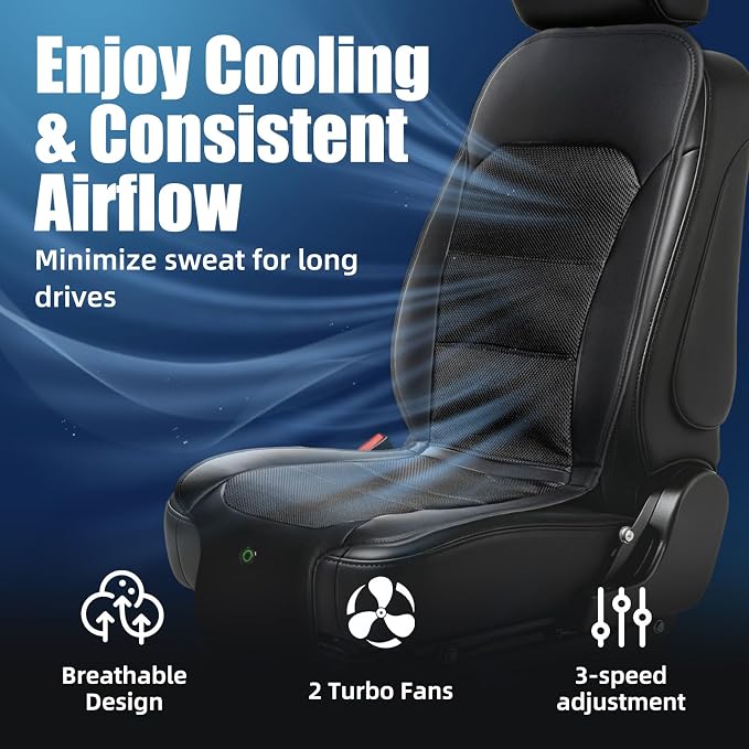 Cooling Car Seat Cover, Cooling Seat Covers For Cars Trucks, 2 Turbon Fans Auto On/Off 12V-24V 3-Speed Air Cooled Seat Cushion, Universal Fit for Summer Truck Office, Non-slip Breathable 3D Mesh