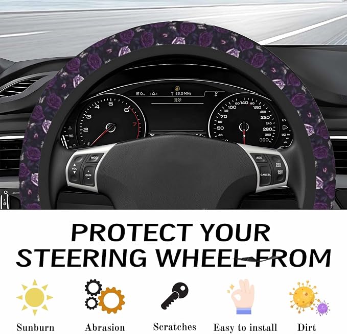 Steering Wheel Cover Accessories Neoprene Cover, Breathable Non-Slip Easy to Install Suitable for Women Men, 14.5-15.5 Inch for Car SUV Van Truck Universal - Purple Rose
