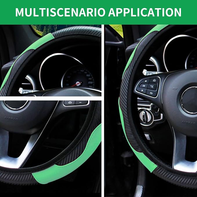 Car Steering Wheel Cover 15 inch, Microfiber PU Leather Elastic Steering Wheel Protector, Anti-Slip Breathable Car Interior Accessories for Most Cars (Green)