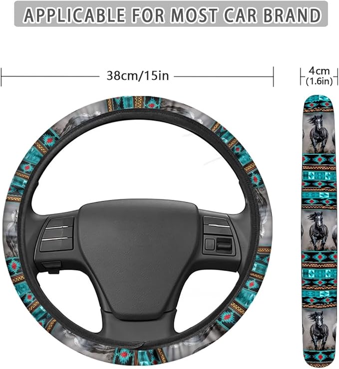 Aztec Horse Teal Gray Car Steering Wheel Cover Universal 15 Inch Anti-Slip Neoprene Auto Steering Wheel Protector Car Accessories Decor for Women Men