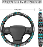 Aztec Horse Teal Gray Car Steering Wheel Cover Universal 15 Inch Anti-Slip Neoprene Auto Steering Wheel Protector Car Accessories Decor for Women Men