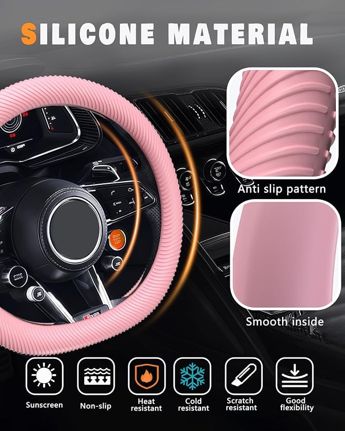 Car Steering Wheel Cover, Thin Anti-Skid Silicone Steering Wheel Cover for Men & Women, Universal Automotive Interior Accessories for Most Cars (Pink)