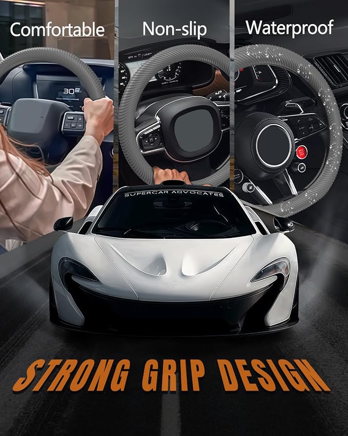 Car Steering Wheel Cover, Thin Anti-Skid Silicone Steering Wheel Cover for Men & Women, Universal Automotive Interior Accessories for Most Cars (Grey)
