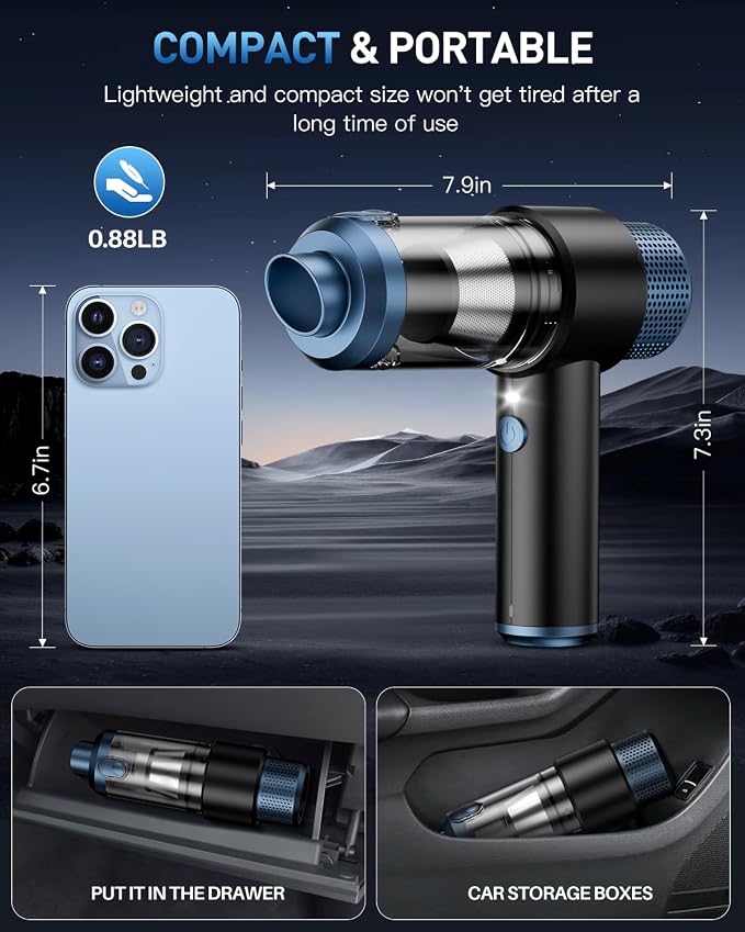Handheld Car Vacuum Cleaner Cordless Rechargeable | 15000PA Powerful Suction, 4-in-1 Air Duster & Blower, Built-in LED Light, Multi Nozzles, Mini Portable Vacuum for Car & Home