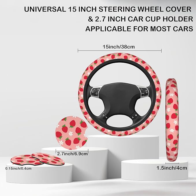 Strawberry and Flower Steering Wheel Cover for Women, Anti-Slip Car Steering Wheel Cover with 2 Pcs Cup Holders Neoprene Breathable Car Accessories Universal 15 Inch Auto Interior Decor