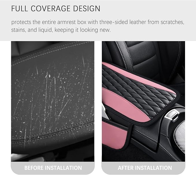 Patchwork Leather Center Console Covers for Cars,Upgraded Arm Rest Cover for Car with Side Storage Pocket for Car Seat Organizer,Middle Console Cover Stylish Car Decoration (Pink)
