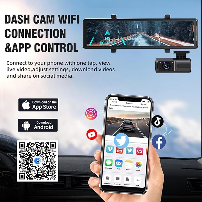3 Channel Mirror Dash Cam, 12" Triple Rear View Mirror with Front 4K, Inside and Rear 1080P Cameras with 5.8GHz WiFi, G-Sensor, Night Vision, Reverse Assist, Parking Monitor
