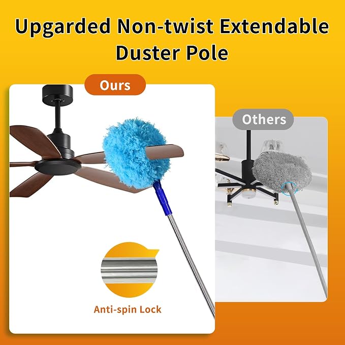 Ceiling Fan Cleaner Dusters for Cleaning 6-in-1 Kit, Cobweb Duster with Extension Pole, 100 Inches High Ceiling Fan Blade Cleaners with 5 Reuseable Dusting Heads for Windows and Blinds- Blue