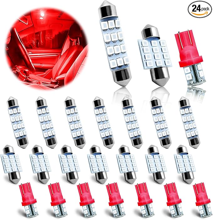 24PCS LED Interior Replacement Bulbs, Interior Car Lights, Dome Light LED Car Bulb Kit Set T10 31 mm 42 mm, Used for Map Dome Lights and License Plate Courtesy Lights Accessories (Red)