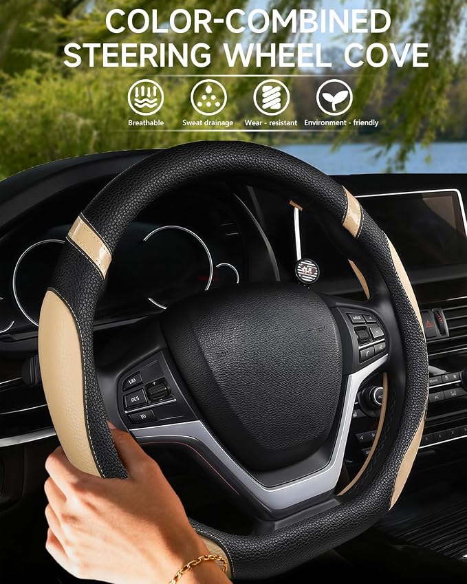 D-Shaped Flat Bottom Steering Wheel Cover for Women Girl - Stylish Car Accessory (Beige)