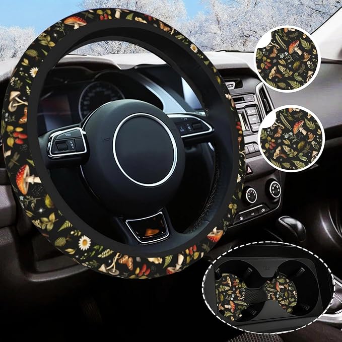 Vintage Mushroom Steering Wheel Cover Universal 14.5-15 Inch, Non-Slip Retro Mushroom Car Accessories for Women Men