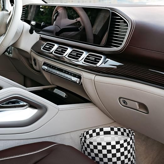 Car Trash Bag Chessboard Hanging Back of Seat Car Portable Trash Bag Chessboard Waterproof One-Handed Portable Strap Drawstring Garbage Bags with 2 Pieces Car Coasters