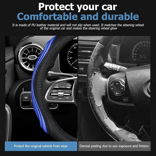 15 Inch Car Leather Steering Wheel Cover, Automotive Accessories Elastic Breathable Anti-Slip Soft Wheel Protector Fits Men and Women, Suitable for SUVs, Trucks, Vehicles and RVs (Black/Blue)