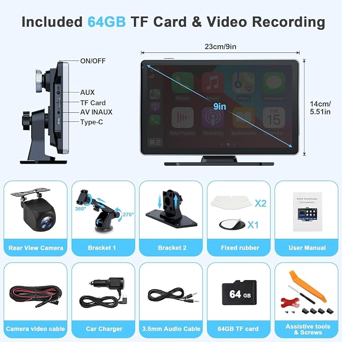 9 Inch Carplay Screen for Car, Portable Car Play Touchscreen Stereo with 4K Front+1080P Rear Dual Camera, Support Voice Control/Android Auto Mirror Link/Backup Camera