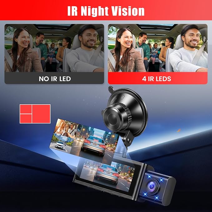 2.5K 3 Channel Dash Cam 360° View,3.16'' DashCam Front and Rear Inside Camera for Cars,WiFi & APP/GPS/Night Vision/Loop Recording/G-Sensor/24H Parking Mode/Suction Cup,Included 64G Card