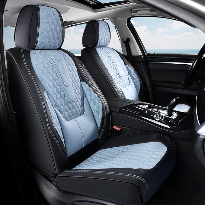 Coverado Full Set Car Seat Covers, Nappa Leather Seat Covers for Car, Waterproof Car Seat Protector with Lumbar Support, Automotive Seat Covers Universal Fit for Most Cars SUV Trucks (Black-Blue)