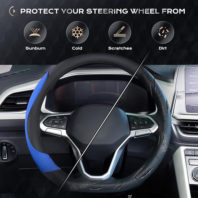 Coverado Car Steering Wheel Cover, Nappa Leather Black & Blue Steering Wheel Covers for Women, Universal 14-15 inch, Anti-Slip, Breathable Steering Wheel Protector