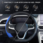 Coverado Car Steering Wheel Cover, Nappa Leather Black & Blue Steering Wheel Covers for Women, Universal 14-15 inch, Anti-Slip, Breathable Steering Wheel Protector