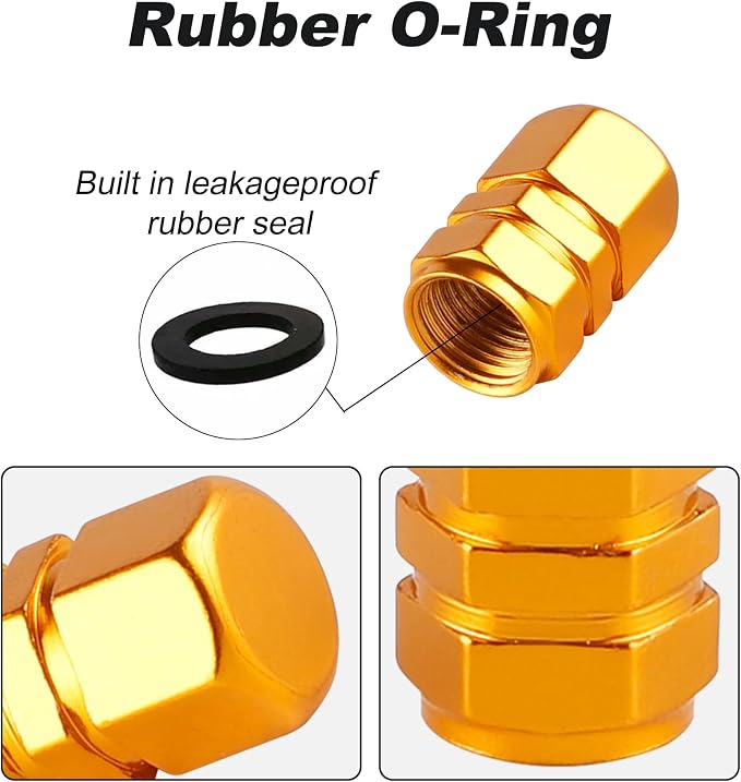 Aluminum Tire Stem Valve Caps Wheel Valve Covers Car Dustproof Tire Cap Cover Accessories, Universal for SUV, Car, Bike and Motorcycle, Hexagon Shape (4PCS Gold)