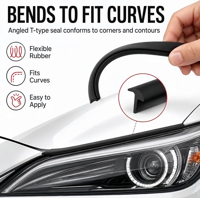 16.5Ft Universal Car Weather Stripping - T-Shape Rubber Edge Trim (5x7mm), Self-Adhesive Automotive Sealing Strip for Windshield, Bumper, Fender Flare & Side Skirt, Soundproof & Waterproof