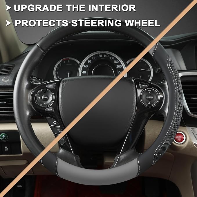 Microfiber Leather Steering Wheel Cover for Honda Accord,Civic,CR-V,HR-V,Pilot(Black+Gray-Standard Size)