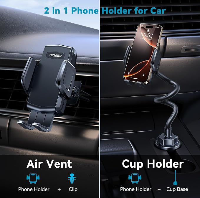 Cup Phone Holder for Car - Adjustable Gooseneck Cup Holder Phone Holders with Air Vent Holders & Expandable Base, Cupholder Phones Mount for iPhone 17/16 Pro Max and All Cell Phones, Car Model
