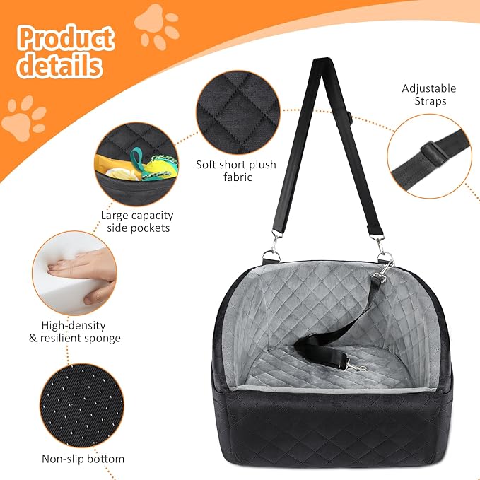 Dog Car Seat for Small Dogs,Detachable Washable Dog Booster Seat Under 30lbs, Pet Car Seat Travel Bed with Storage Pockets and Dog Safety Belt (Black/Grey)