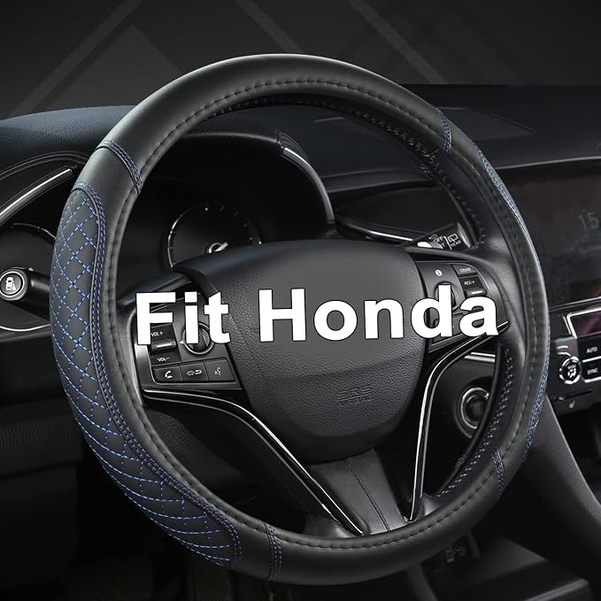Customized Auto Car Steering Wheel Cover for Honda Civic, CR-Z, Insight, S2000, 14" - 14.25" (Diamond Quilted-Black+Blue-Small Size)