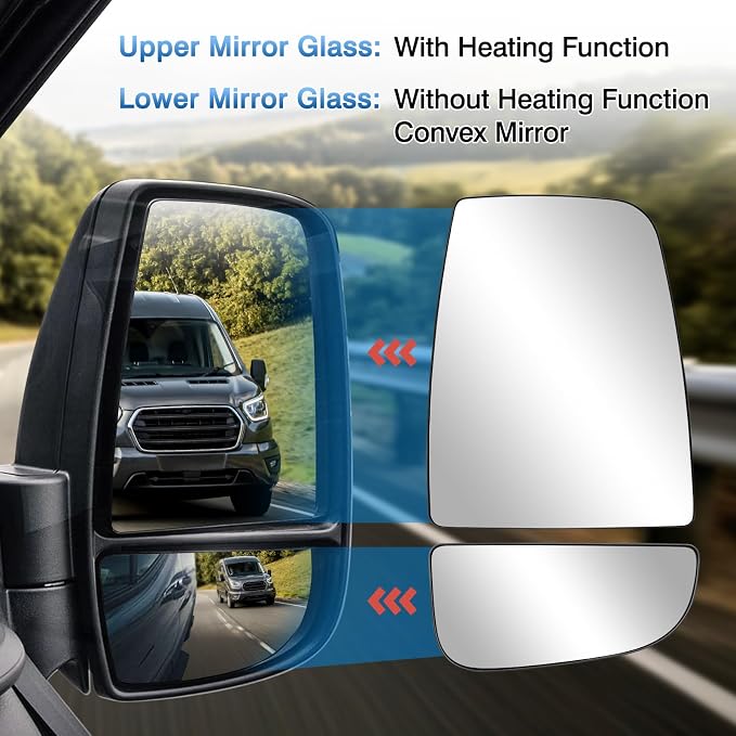 Passenger Right Side Upper & Lower Rearview Convex Heated Mirror Glass Replacement With Rear Holder fit Ford Transit 150 250 350 from 2015 to 2023