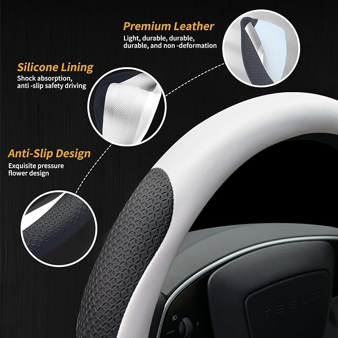 Premium Leather Steering Wheel Cover for Tesla Model 3/Y 2016-2025 2026 Juniper/Highland, Non-Slip Breathable Tesla Model 3/Y Steering Wheel Protector, White