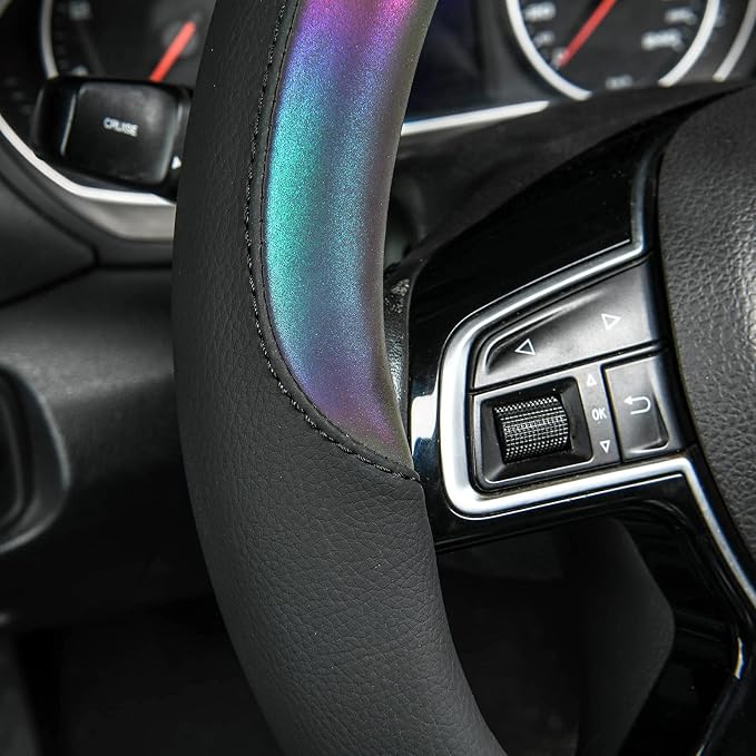 Chameleon Iridescent Reflective PU Leather Steering Wheel Cover,15Inch Universal Fit for 95% Suvs,Sedans,Vans,Trucks for Unique Cute Women Lady Girly(Black Colorful Color Change) Multicolor