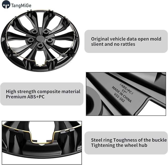 4-Pack Universal Hubcaps Wheel Covers Replacement R17, Steel Wheel Rim Cover for Most Cars Trucks Sedans SUV, 17" 17 in Hub Caps (Bright Black Color, 17 inch)