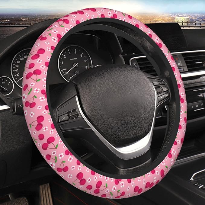 Cherry Steering Wheel Cover Anti-Slip and Practical 14.5-15 Inch Universal Car Steering Wheel Cover with 2 Pieces Car Coasters Suitable for Men Women
