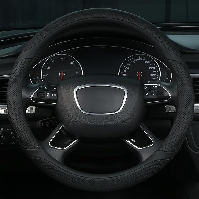 Black Leather Steering Wheel Cover Universal 15 inch