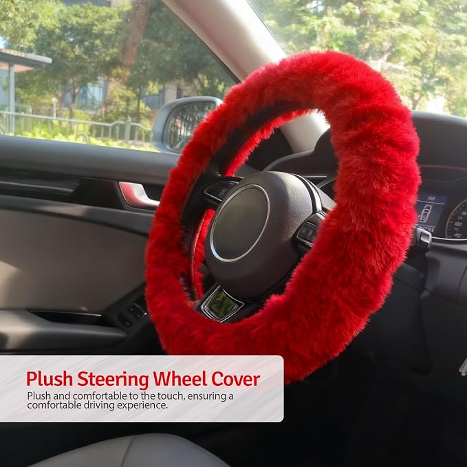 Fluffy Steering Wheel Cover 3PCS Set – Plush Fuzzy Fur Steering Wheel Cover with Gear Shift Cover & Handbrake Cover, Winter Warm Car Accessories, Car Interior Accessories for Women (RED)