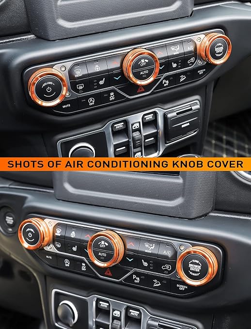 HVAC Climate Control Panel Knob Trim Kit & Light Control Switch Cover, Air Conditioner Knob Aluminum Alloy Ring for 2018-2025 Jeep Wrangler JL JLU & Gladiator JT, Interior Accessories,Orange