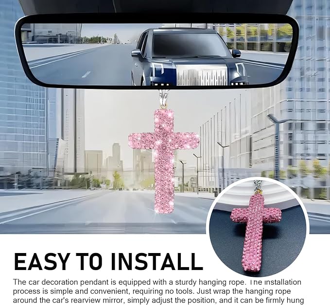 Bling Cross Car Hanging Accessories, Crystal Rhinestone Rear View Mirror Pendant, Religious Rearview Mirrors Decoration Charm, Car Hanging Ornament, Automotive Interior Accessories (Pink)