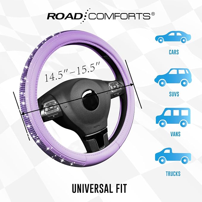 Bling Steering Wheel Cover – Purple Diamond Design, Universal Fit 14.5-15 Inch, Microfiber Leather, Anti-Slip & Breathable Design for Men and Women