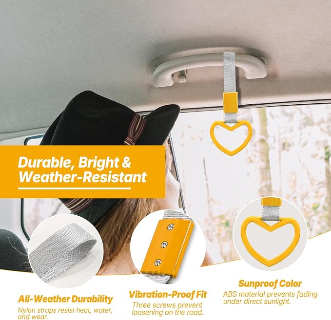 2 Pcs Heart Shaped Car Handle Strap – JD M Drift Charm Rear Bumper Warning Ring Decor for Car Interior Exterior, Subway Bus Handle Accessory, Cute Heart Car Decor Gift for Drivers (Yellow-Silver)