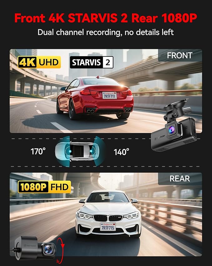 4K STARVIS 2 Dash Cam Front and Rear, 5GHz WiFi 20MB/s Download, 128GB Card Included, Voice Control, Dash Camera for Cars with 3.18" Touch Screen, GPS, Loop Recording, Parking Mode(F7N Touch)