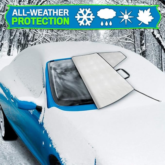 Car Magnetic Windshield Snow Cover, 4-Layer Vehicle Windshield Protection Cover with Side Mirror, Auto Windscreen Sun Shade for Ice Frost Sunlight, Universal for Truck Van Sedan