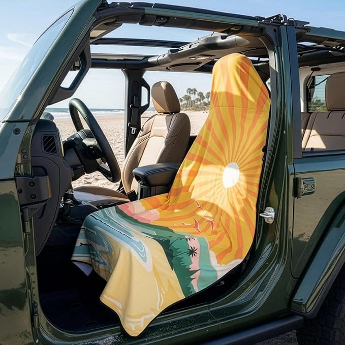 Car Seat Towel Cover – Microfiber Hooded Seat Cover – 30” x 60” Moisture-Wicking Running Seat Protector for Runners – Coastal Vibes
